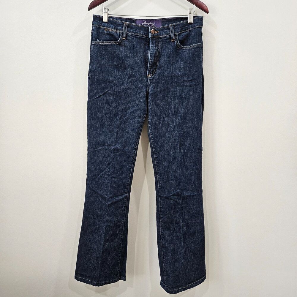 NYDJ Womens Embellished Wide Leg Flare Jeans Size 12 Dark Wash Mid Rise Festival